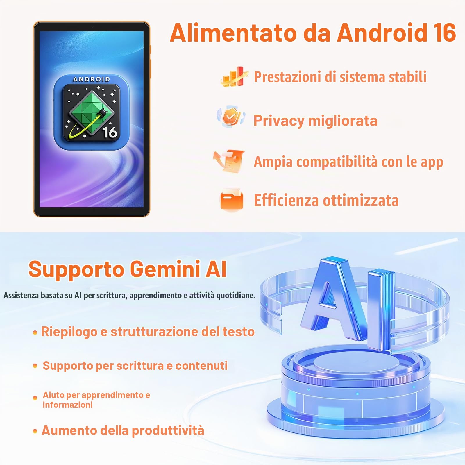 Android 16 Tablet 8,7 pollici, 4G LTE Tablet con SIM, WiFi 5, 16 GB RAM + 64 GB, fino a 2 TB, Widevine L1, Gemini AI, GPS, Face Unlock, batteria da 6000 mAh