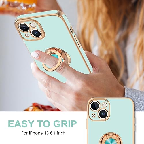 Miniatura 2 de Hython Funda para iPhone 15 con soporte de anillo, soporte de anillo giratorio de 360, soporte magnético, chapado en oro rosa, cubierta suave, funda