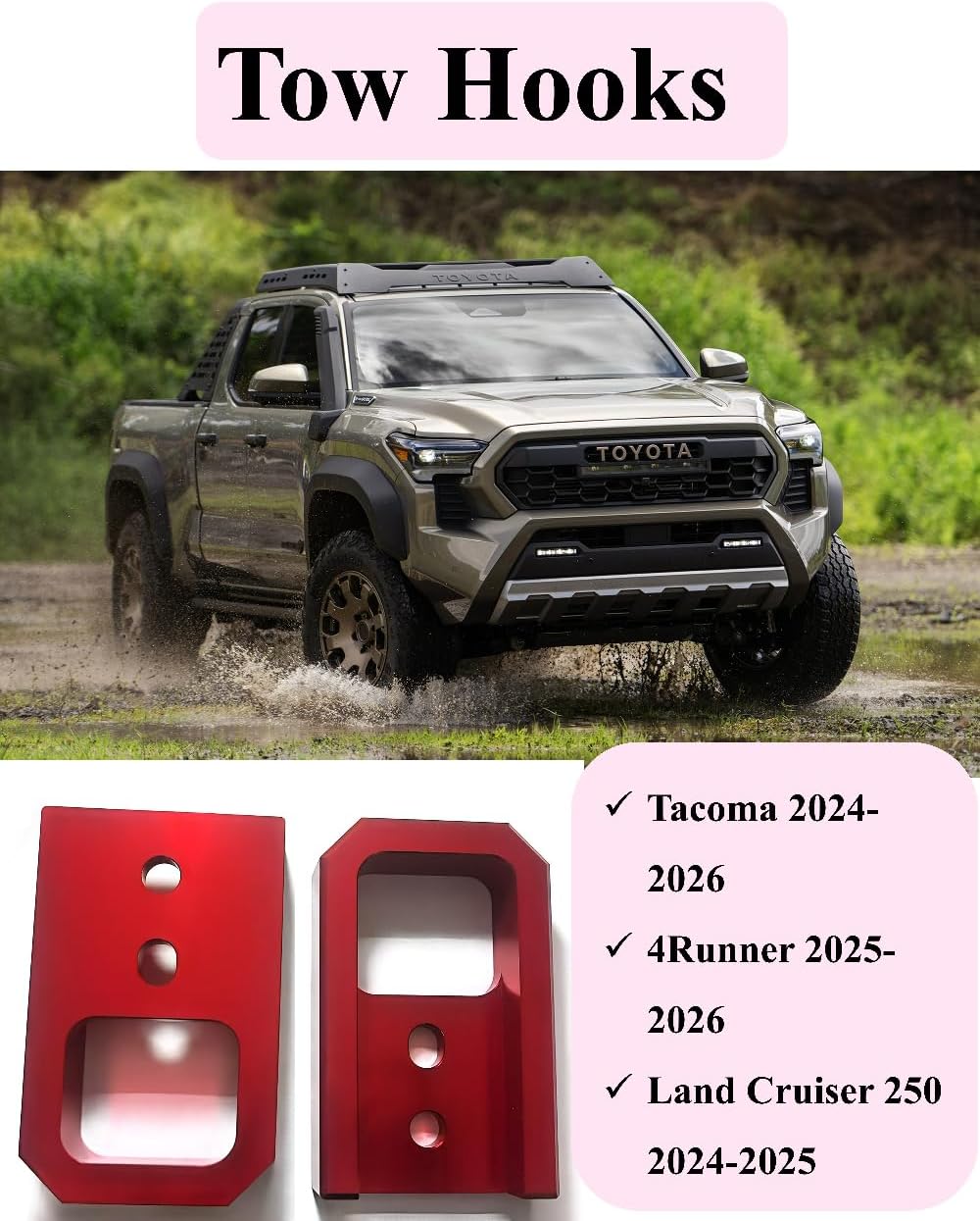 Tow Hooks for Tacoma 2024-2026/Land Cruiser 250 2024-2025/4Runner 2025-2026, Car Tow Hooks Compatible with Toyota Tacoma/4Runner/Land Cruiser 250 Accessories (Red)