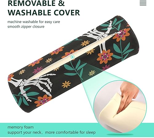 Miniatura 3 de JUNZAN Skulls Skeleton Bolster Pillow for Reading Bedding Essentials Round Neck Roll Pillow Round Pillow Insert 17 Inch for Round Bolster Cover with