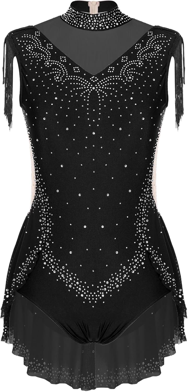 FEESHOW Women's Rhinestone Gymnastics Leotard Sleeveless Tassel Skirted Leotard Figure Skating Dance Costume