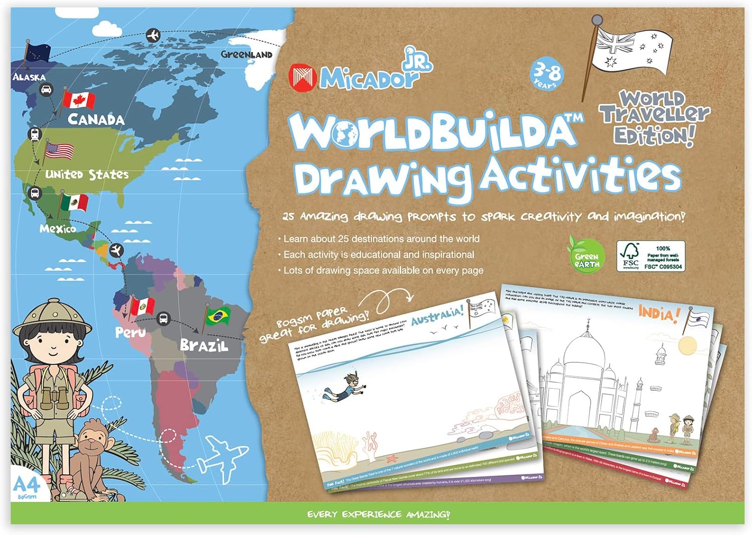 Micador jR. Drawing Activity Pads, WorldBuildA - A4-8.25" x 11.75" - 25 Drawing Prompts + Worldwide Destination Activites - Drawing + Coloring + Learning - Literacy - Ages 3+