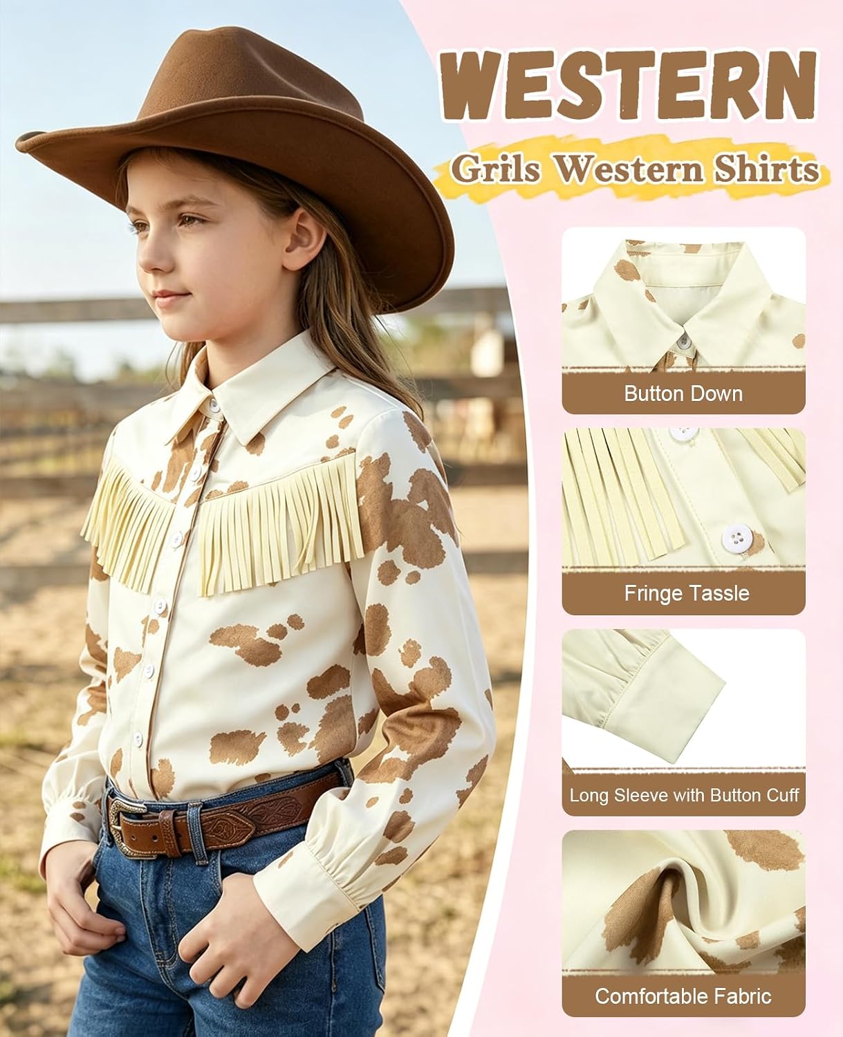 Western Shirts for Girls Cowgirl Fringe Snap Button Down Shirt Long Sleeve Tops Floral Graphic Tees Western Outfits