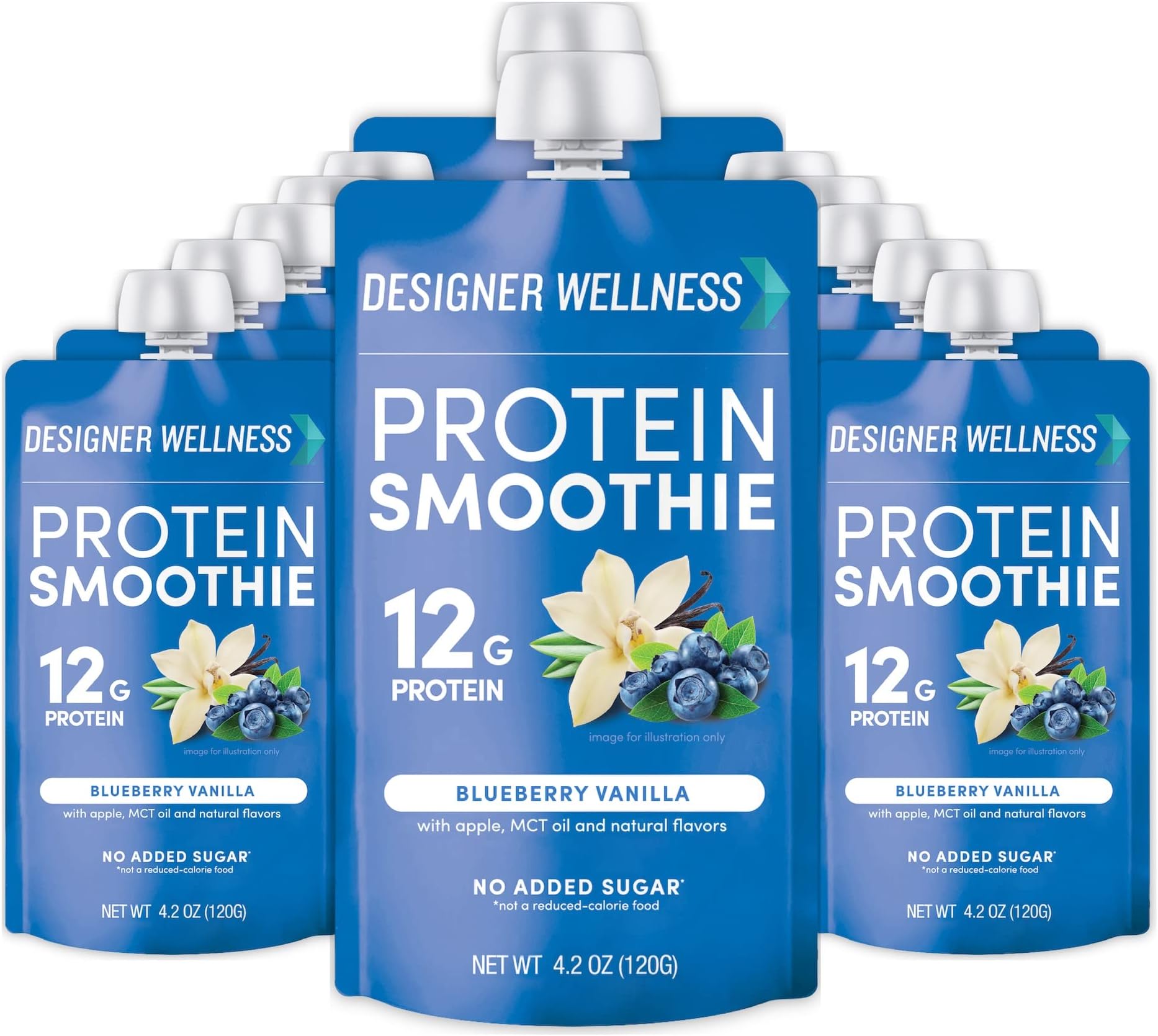Designer Wellness Protein Smoothie, Real Fruit, 12g Protein, Low Carb, Zero Added Sugar, Gluten-Free, Non-GMO, No Artificial Colors or Flavors, Blueberry Vanilla, 12 Count