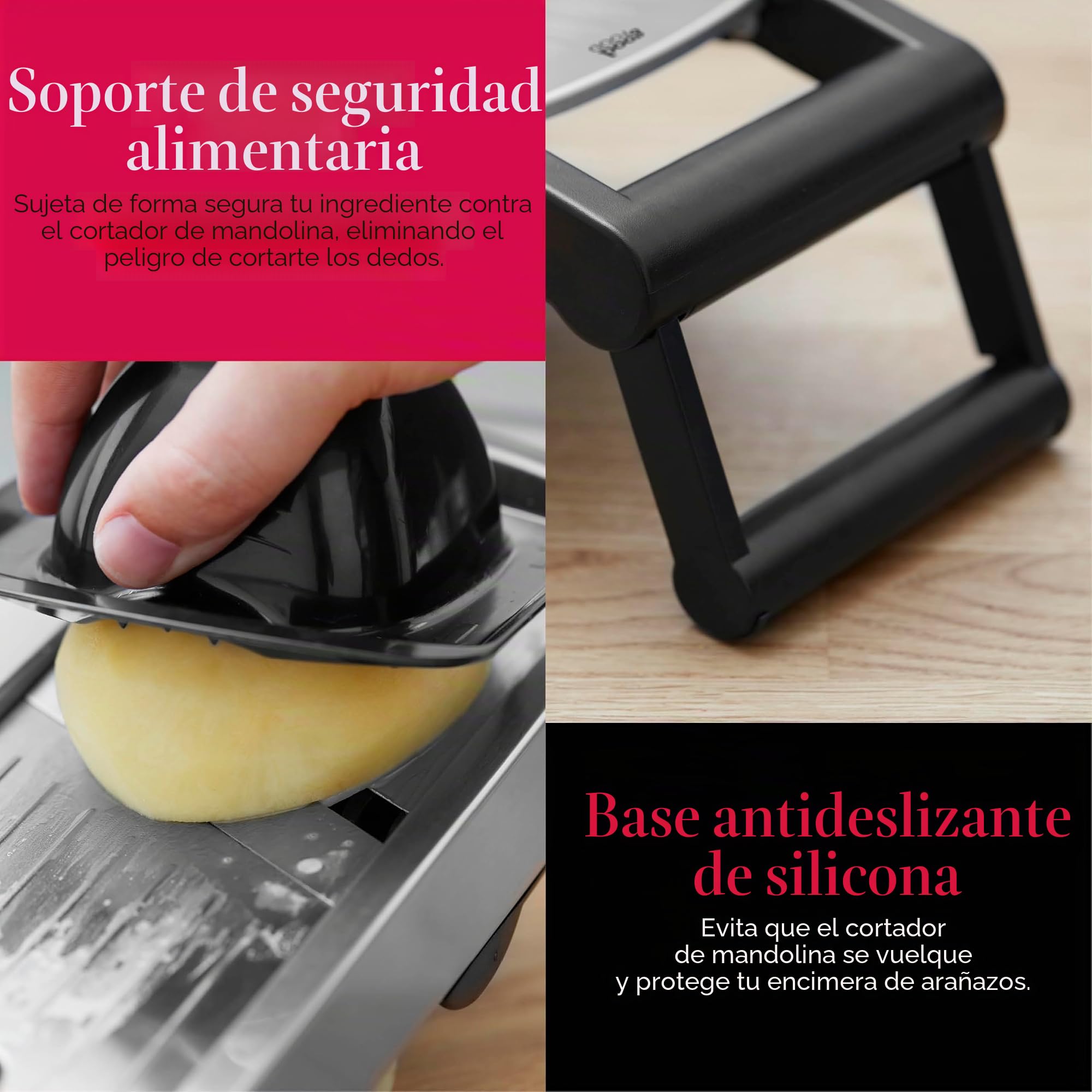 Good Food en asociación con Tower GF847073 - Mandolina de chef con cuchillas de acero inoxidable de precisión duraderas, ajustes ajustables y base antideslizante de silicona, acero inoxidable y negro