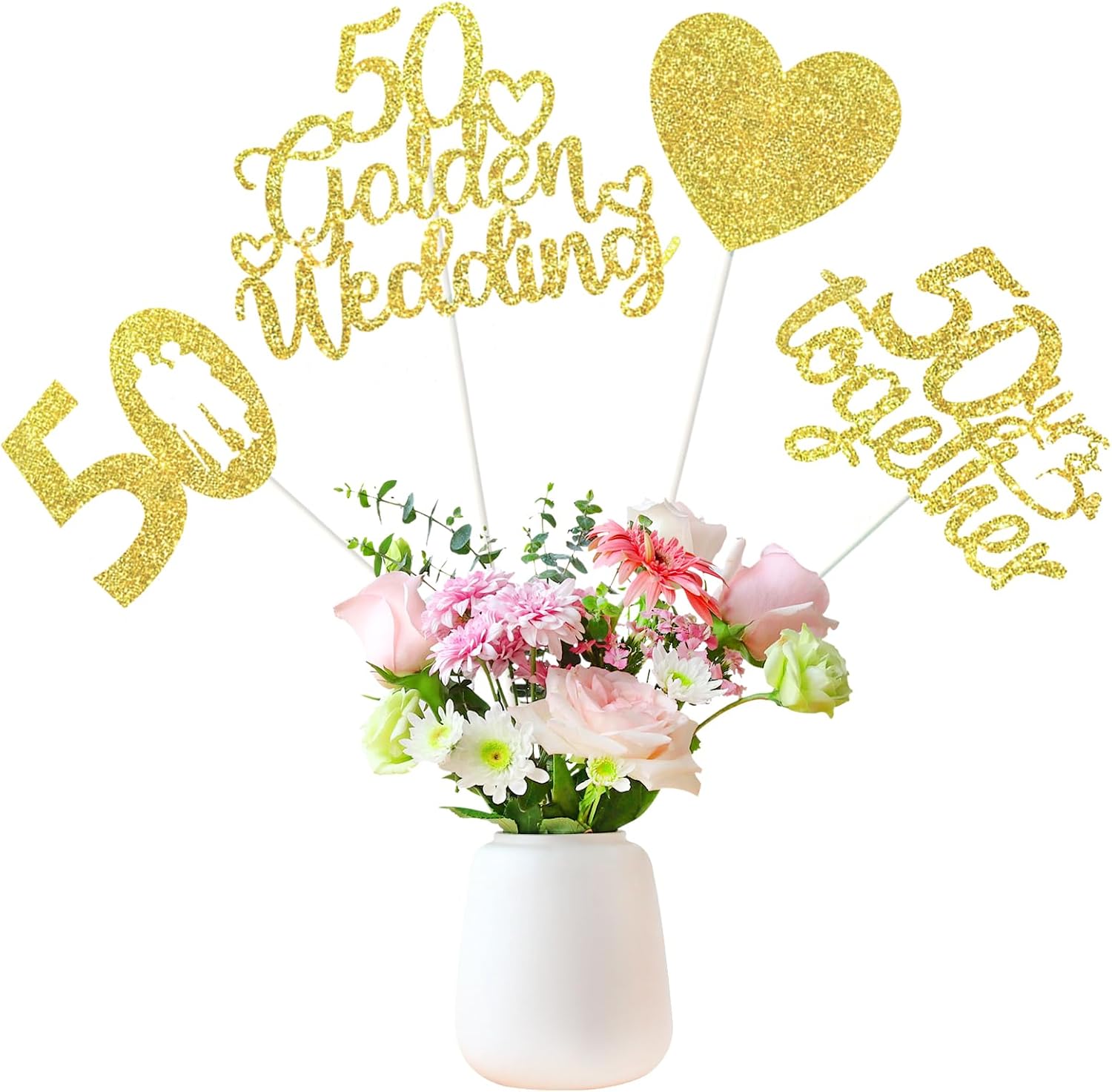 12Pcs 50th Anniversary Centerpiece Sticks Double Sided Gold Glitter Heart 50 Golden Wedding Anniversary Table Flower Centerpieces Cheers to 50 Year Blessed & Loved Party 50th Anniversary Decorations