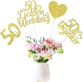 12Pcs 50th Anniversary Centerpiece Sticks Double Sided Gold Glitter Heart 50 Golden Wedding Anniversary Table Flower Centerpieces Cheers to 50 Year Blessed & Loved Party 50th Anniversary Decorations