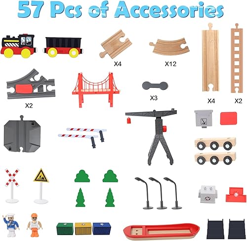 Vista 5 de Wdmiya Juego de tren de madera para niños pequeños, 57 piezas de pista de tren de madera para niños, juguete de tren con puente y pistas