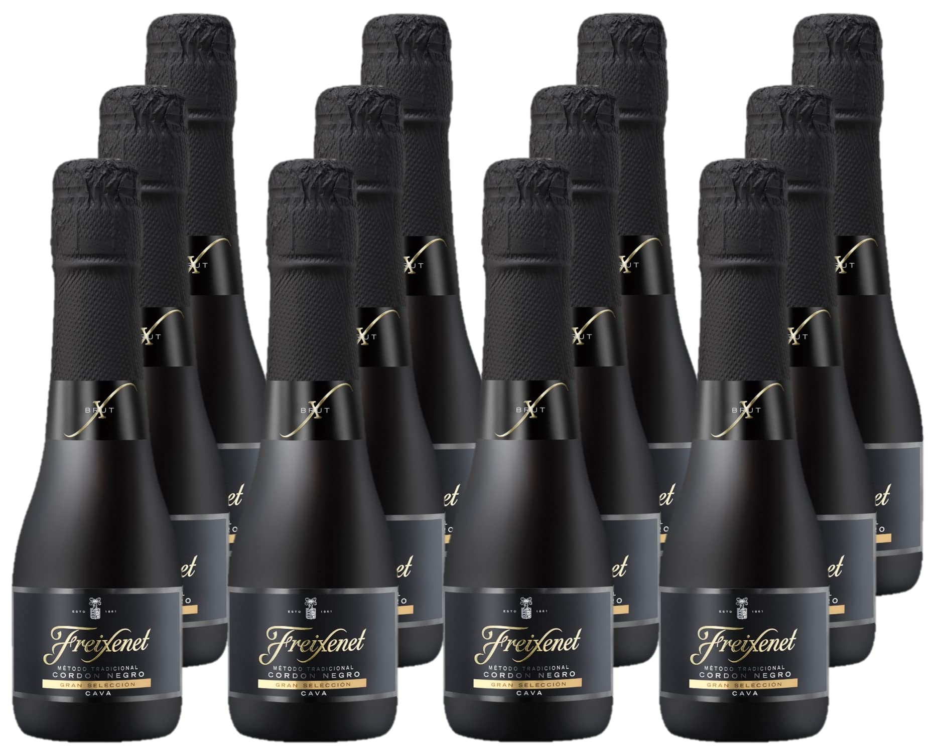 Freixenet Cordon Negro Brut ( 12x0,2 l)– Spanischer Premium-Sekt, trocken – Eleganter Mini-Cava mit feiner Perlage – Super für unterwegs, Geschenke und Aperitifs