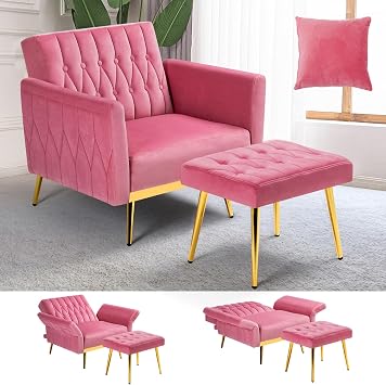 كرسي Velvet Accent مع مساند للذراعين ومسند ظهر قابل للتعديل ، كرسي صالة Button Tufted ، كرسي ذراع كرسي واحد مع العثماني ووسادة لغرفة المعيشة ، غرفة نوم ، وردي