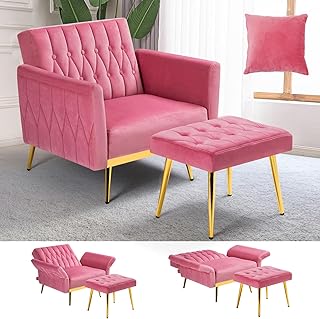 Velvet Accent Chair with Adjustable Armrests and Backrest, Button Tufted Lounge Chair, Single Recliner Armchair with Ottoman and Pillow for Living Room, Bedroom, Pink - Buy now