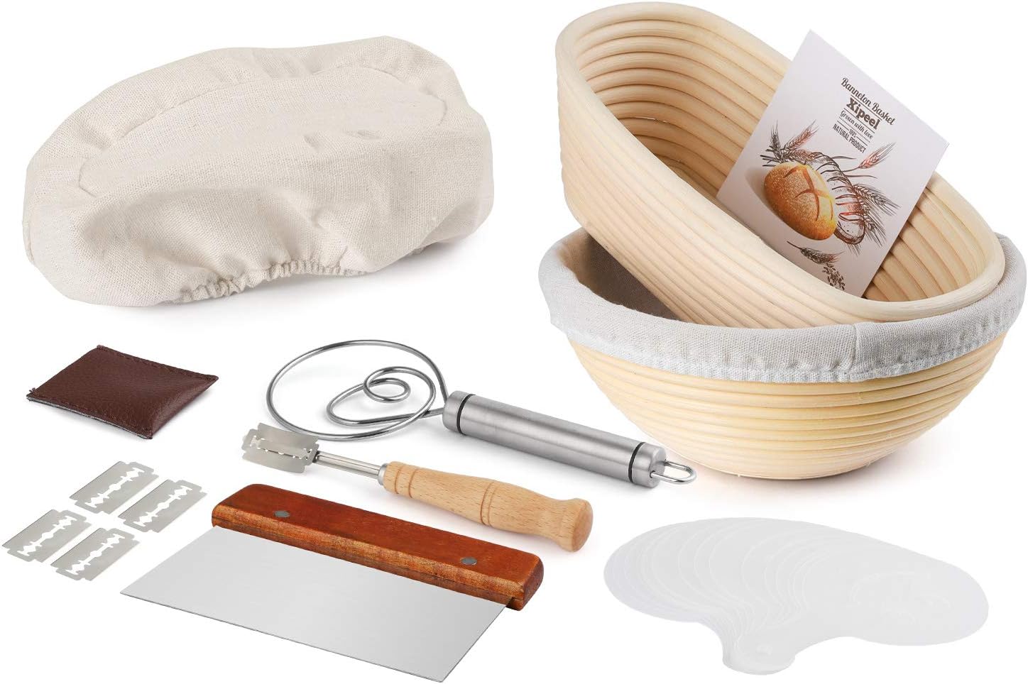Bread Proofing Baskets Set, 9 Inch Round and 10 Inch Oval Rattan Banneton Baskets, 2 Basket Covers, Metal Scraper, Stainless Whisk, Scoring Lame with 5 Blades and Case, 16 Stencils For Bakeware
