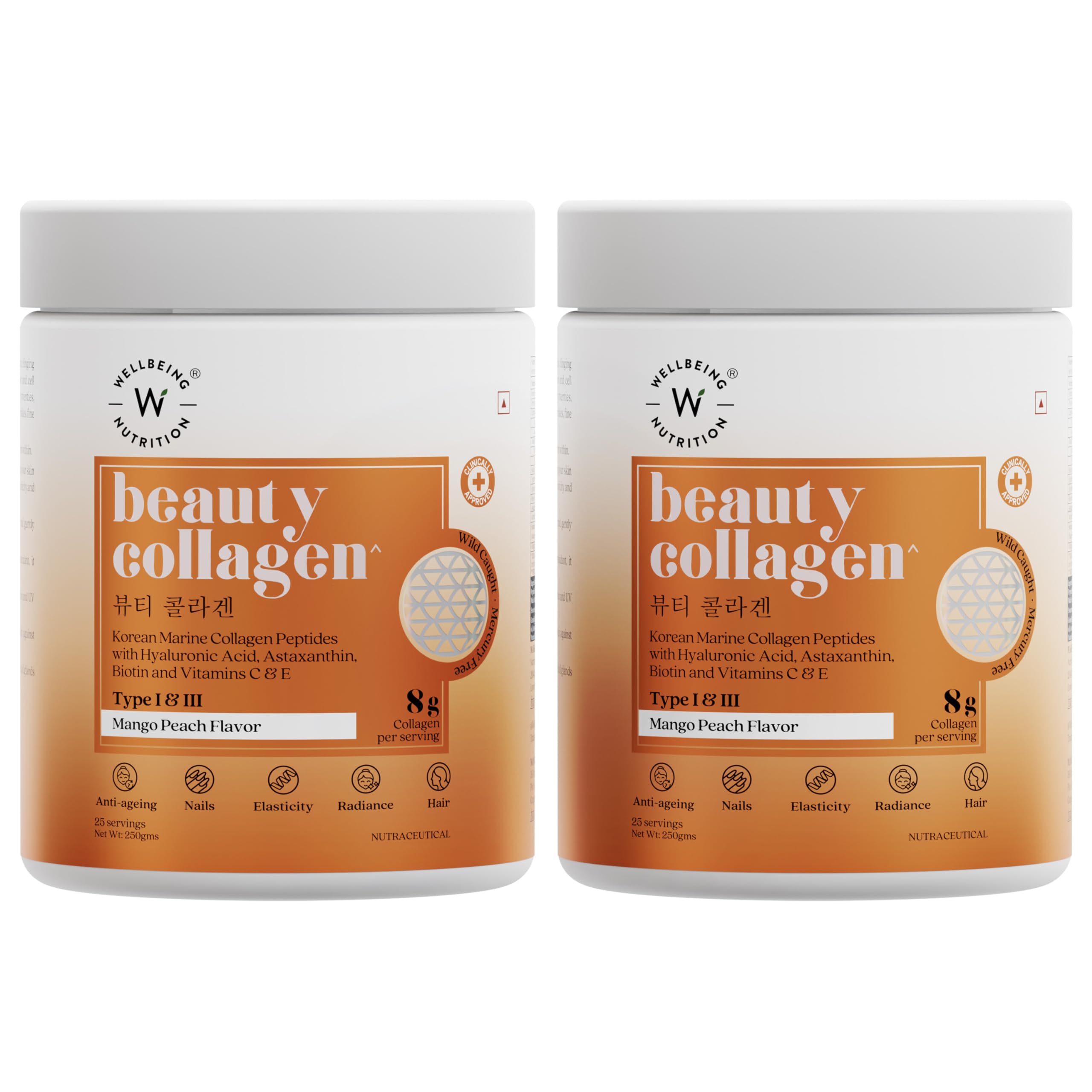 Wellbeing Nutrition Beauty Collagen with Hyaluronic Acid | Collagen Supplements for Women & Men | Collagen Powder with Biotin and Vitamins for Skin Radiance & Anti-Aging | 250g - Mango Peach Flavor