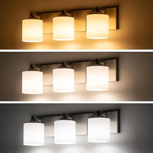 Miniatura 6 de mirrea Lámpara de tocador de níquel cepillado de 22 pulgadas con 3 luces para espejo, aplique de pared de baño con pantallas de vidrio blanco