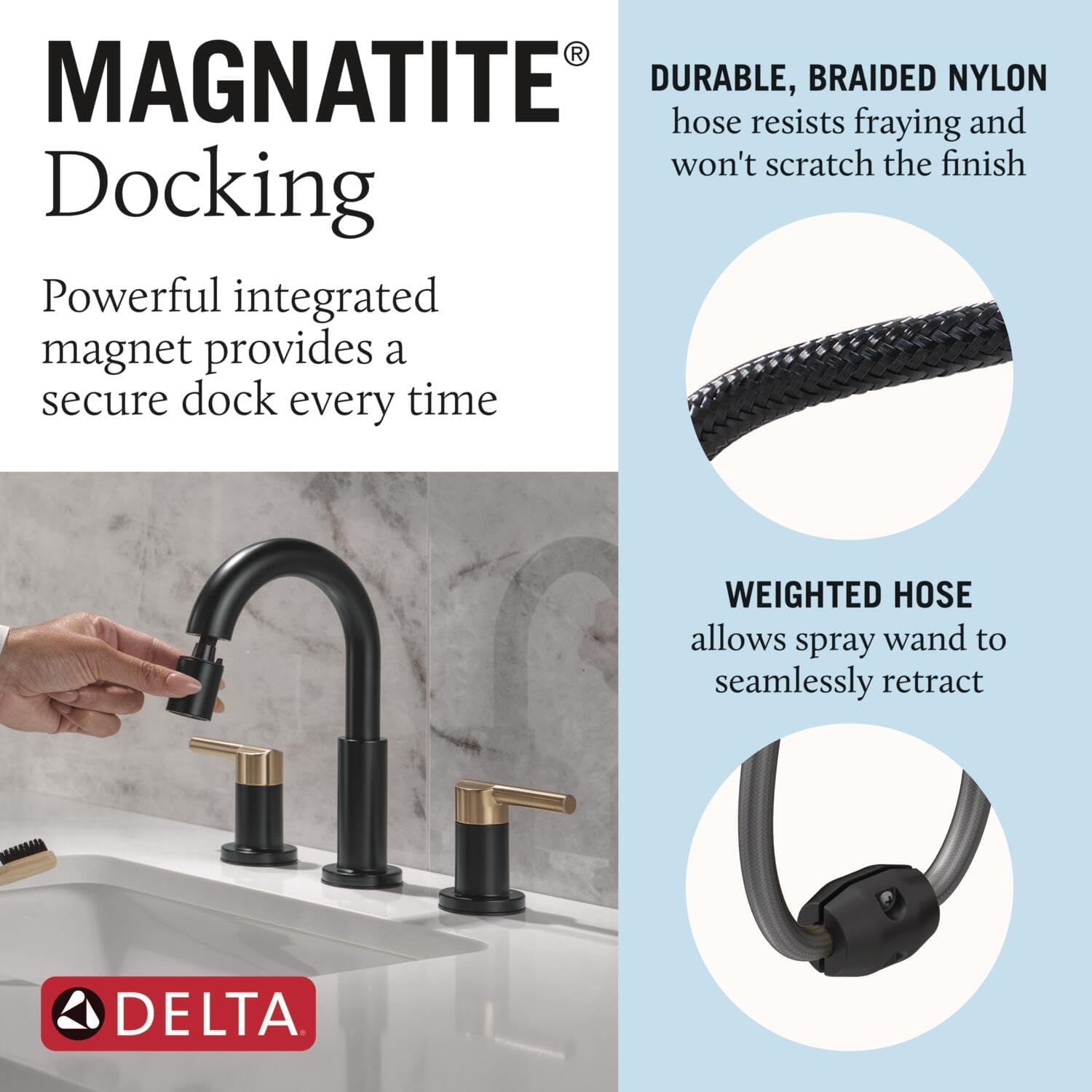 Delta Nicoli Matte Black/Brushed Gold Bathroom Faucet with Sprayer, 8 Inch 3 Hole Widespread Bathroom Sink Faucet with Pull Out Sprayer, Push-Pop Drain, Matte Black/Champagne Bronze 35749LF-GZPD
