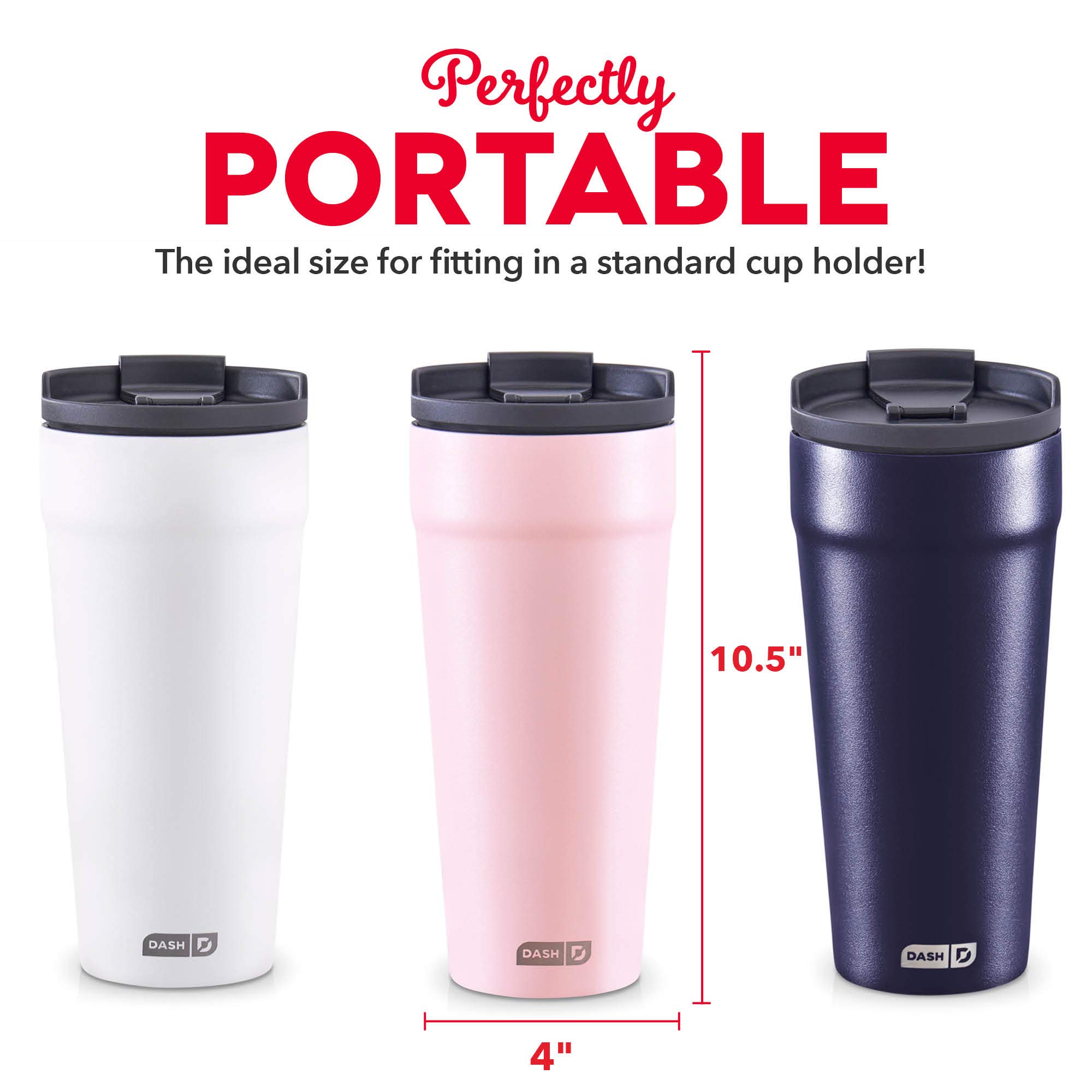 DASH Bicchiere da 590 ml con coperchio a prova di fuoriuscite e cannuccia, tazza da caffè isolata sottovuoto, tazza da viaggio a doppia parete verniciata a polvere, rosa