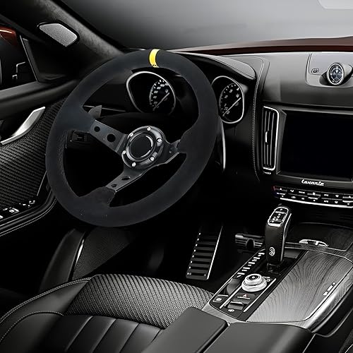 Miniatura 7 de Volante de carreras de rayas amarillas Cuero de gamuza 12.5 "12.598 in Radios de aluminio Drifting Deep Dish Volante deportivo con botón de cuerno