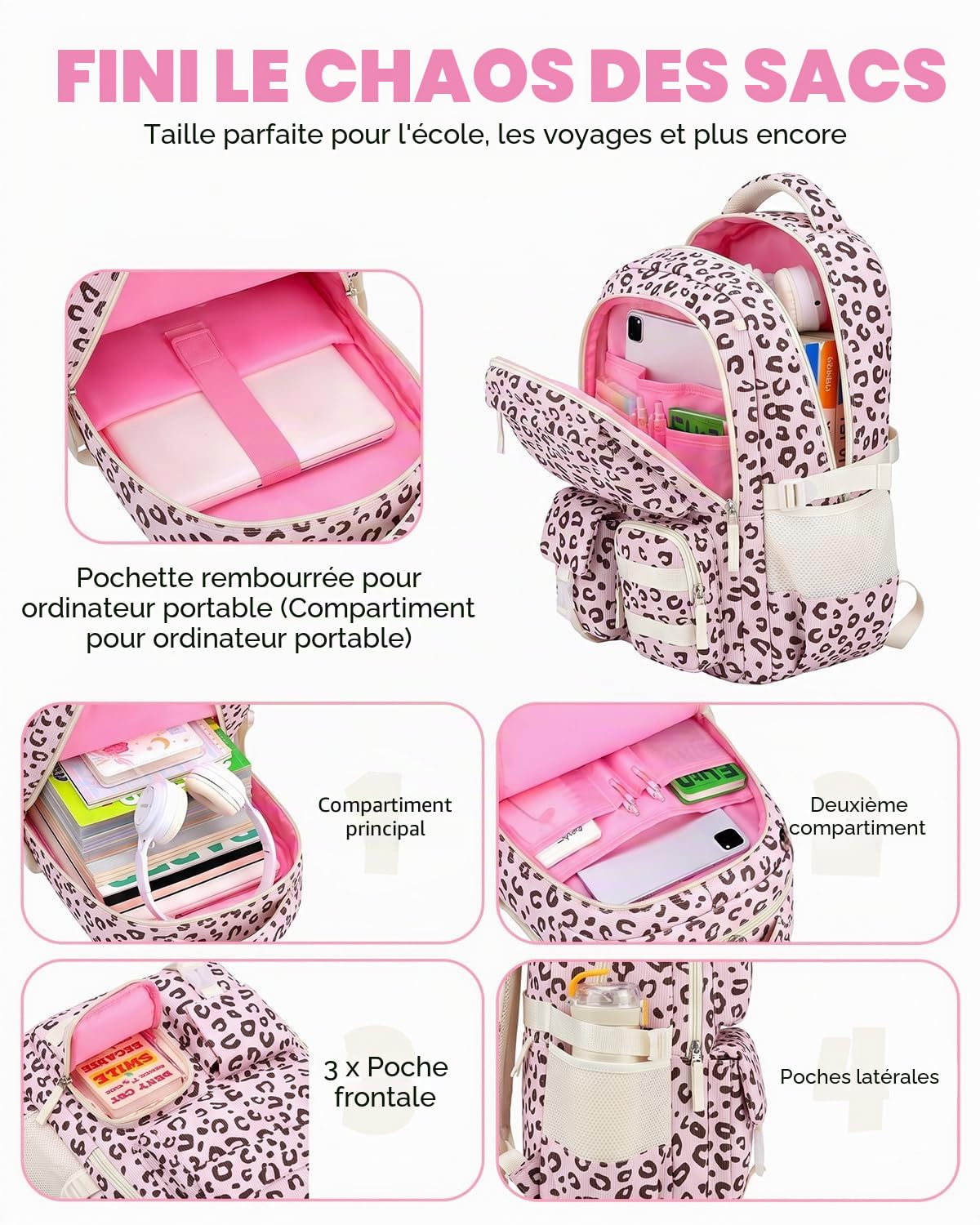 Amythe Cartable École Filles Compartiment Laptop Lycée Collège Grand, Fleur | Compartiment Laptop Lycée Collège Grand Daypack Cord Imperméable Fleur Multi-Poches Spacieux Robuste pour École Voyage