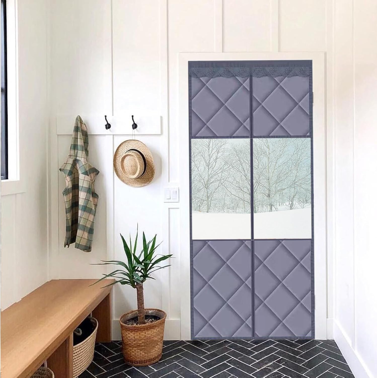 Thermal Door Curtain, 3.3x6.6 Ft Visible Windproof Folding Door, Internal Noise-canceling Waterproof Cold-Resistant Screen with Clear Windows, Style 2