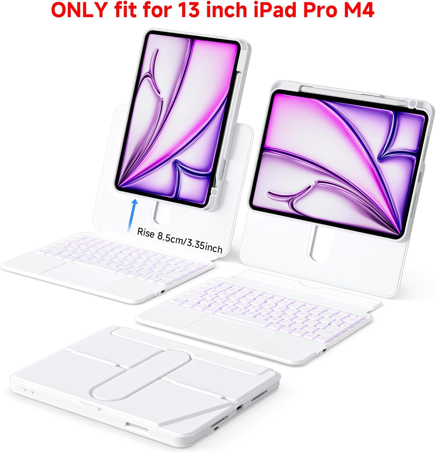 for iPad Pro 13-inch (M4, 2024) Keyboard Case with Multi-Touch Trackpad, 360° Rotating Magnetic Stand, Detachable Protective Cover, Portrait & Raised Modes,7-Color Backlight,White