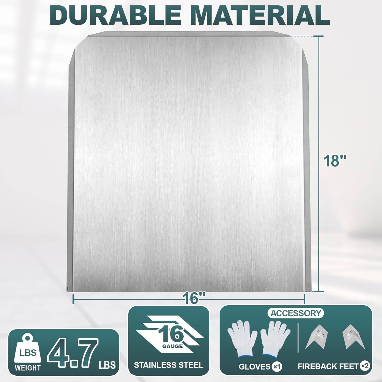 Firebacks for Fireplace- Stainless Steel Fireback with Feet, 16" x 18" Fireplace Heat Reflector, Fireplace Back Plates, Adjustable Installation Heat-Resistant Material for Wall Protection