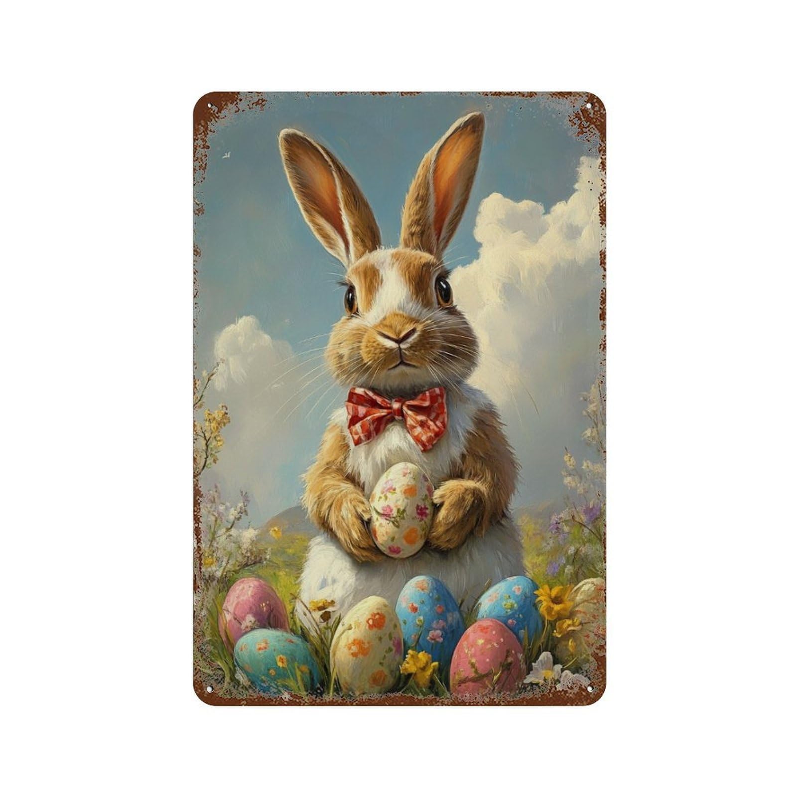 Weathered Tin Sign with Easter Bunny with Eggs-6 Design 11.8"x7.9", for Office, Studio And Wall Decor, Retro Wall Decor