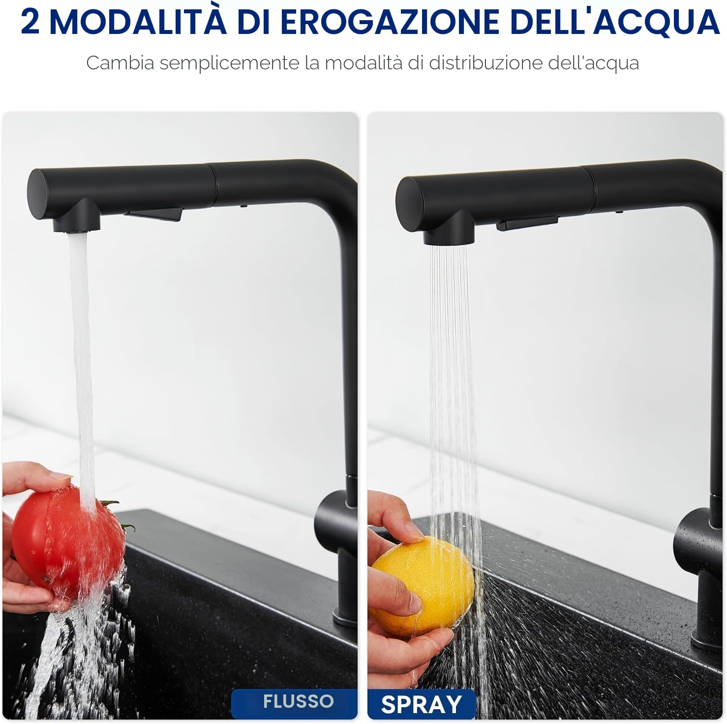 CECIPA Rubinetto Cucina Nero con 2 Getto, Miscelatore Cucina con Doccetta Estraibile, Rubinetto Lavello Cucina Nero Girevole a 360°, Miscelatore Lavello in Acciaio lnox (Nero)