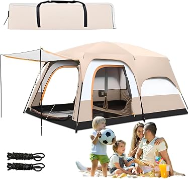 Family Camping Tent, 4-6/6-8/8-10 Man Person Outdoor Tent, Dome Camping Tent with Porch, Carry Bag, Privacy Changing Room Shelter Waterproof, 2 Windows & 3 Doors, Backpacking Tent