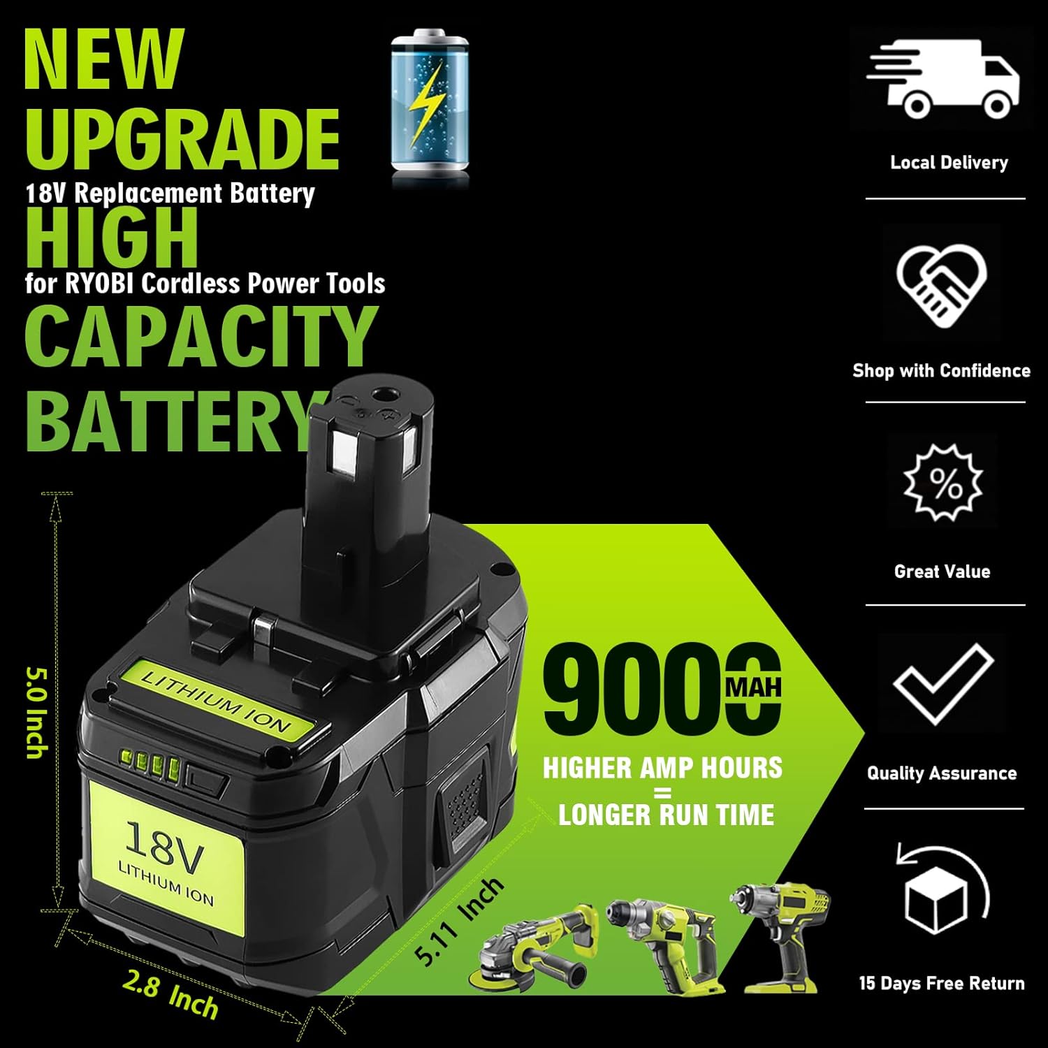 9.0Ah Li-ion P108 Replacement Battery for Ryobi 18V ONE+ P102 P103 P105 P107 P108 P109 Cordless Tool Battery with LED Indicator