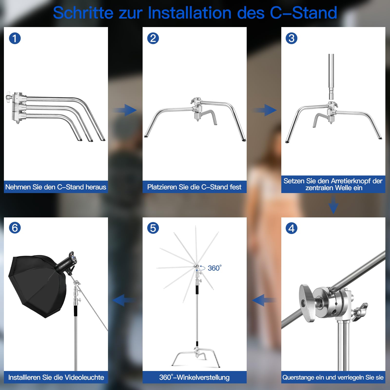Soonpho Cavalletto C Stand,3,3 m Regolabile Supporto Luce, Con Asta Di Prolunga Da 1,2 m 3 Ruote,2 Teste di Presa & Borsa per Fotografia in Studio Riflettore Ombrello Monoluce,Softbox