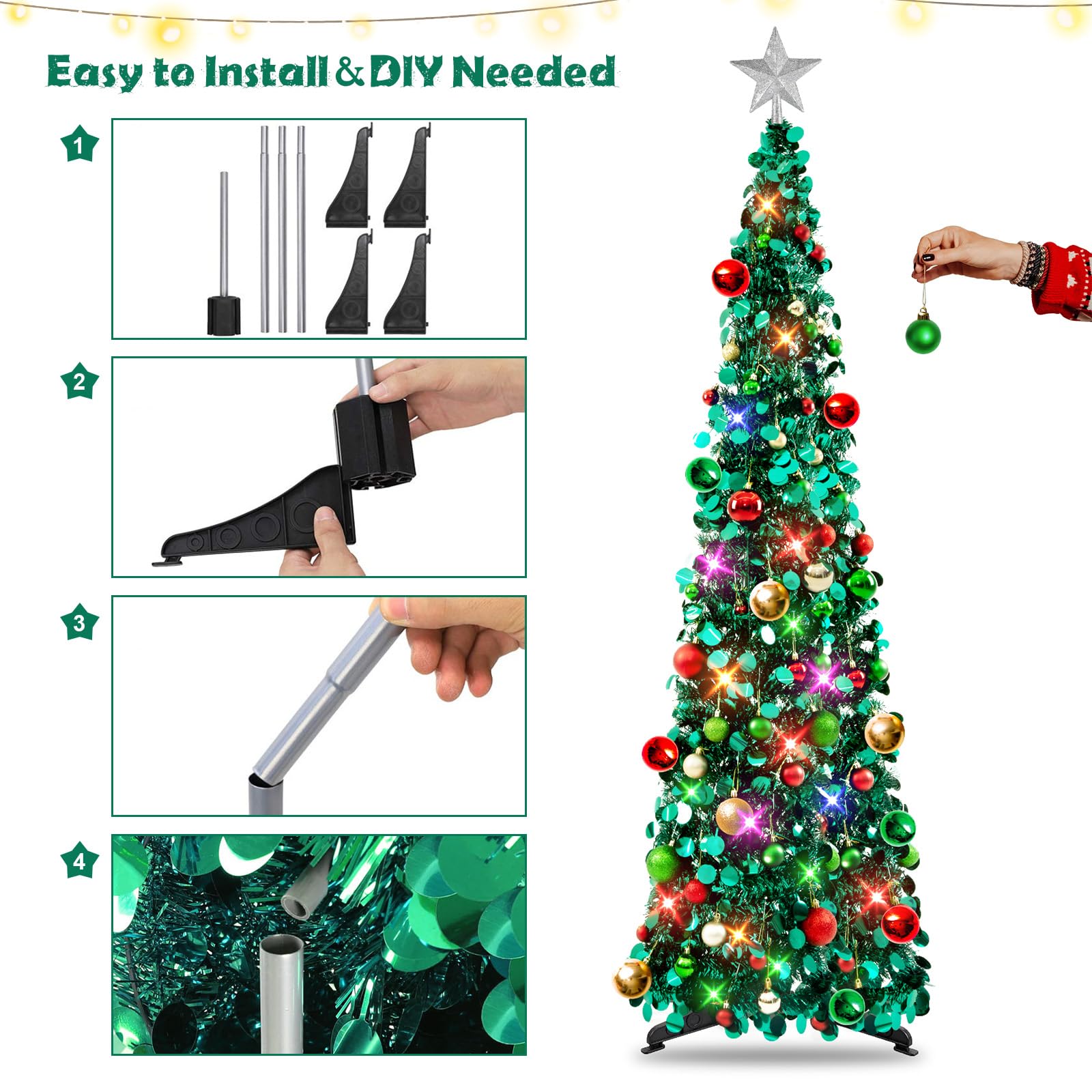 MACTING Albero di Natale, 1,5 m, pieghevole, pop up, con supporto, decorazione costiera per vacanze, decorazione per casa, ufficio (rosa glod