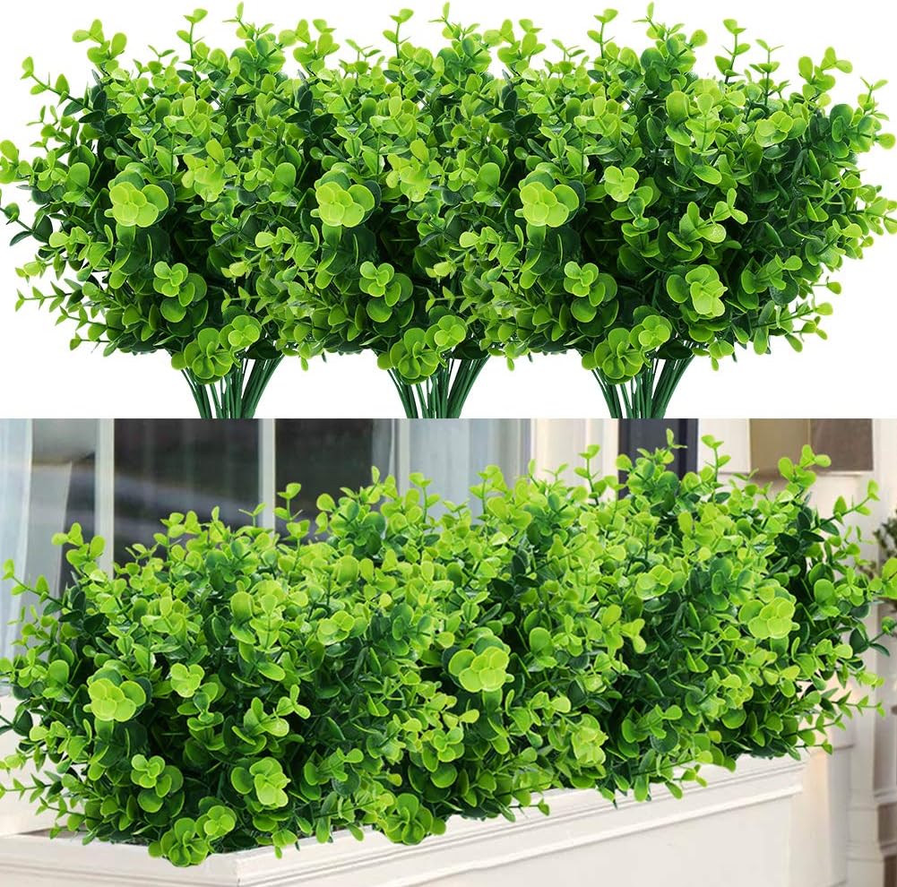 Artificial Plants Flowers Faux Boxwood Shrubs 6 Pack, Lifelike Fake Greenery Foliage with 42 Stems for Garden, Patio Yard, Wedding, Office and Farmhouse Indoor Outdoor Decor