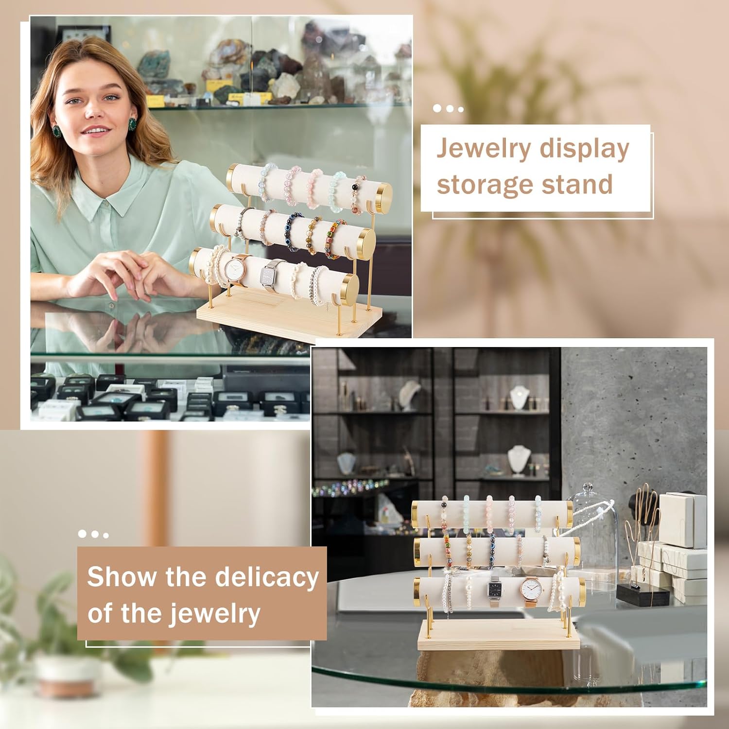Wenqik 3 Tier Detachable Bracelet Holder Bracelet Display Stand Beige Velvet Jewelry Organizer Displays for Bangles Necklace Watches Scrunchies Hair Ties (Beige)