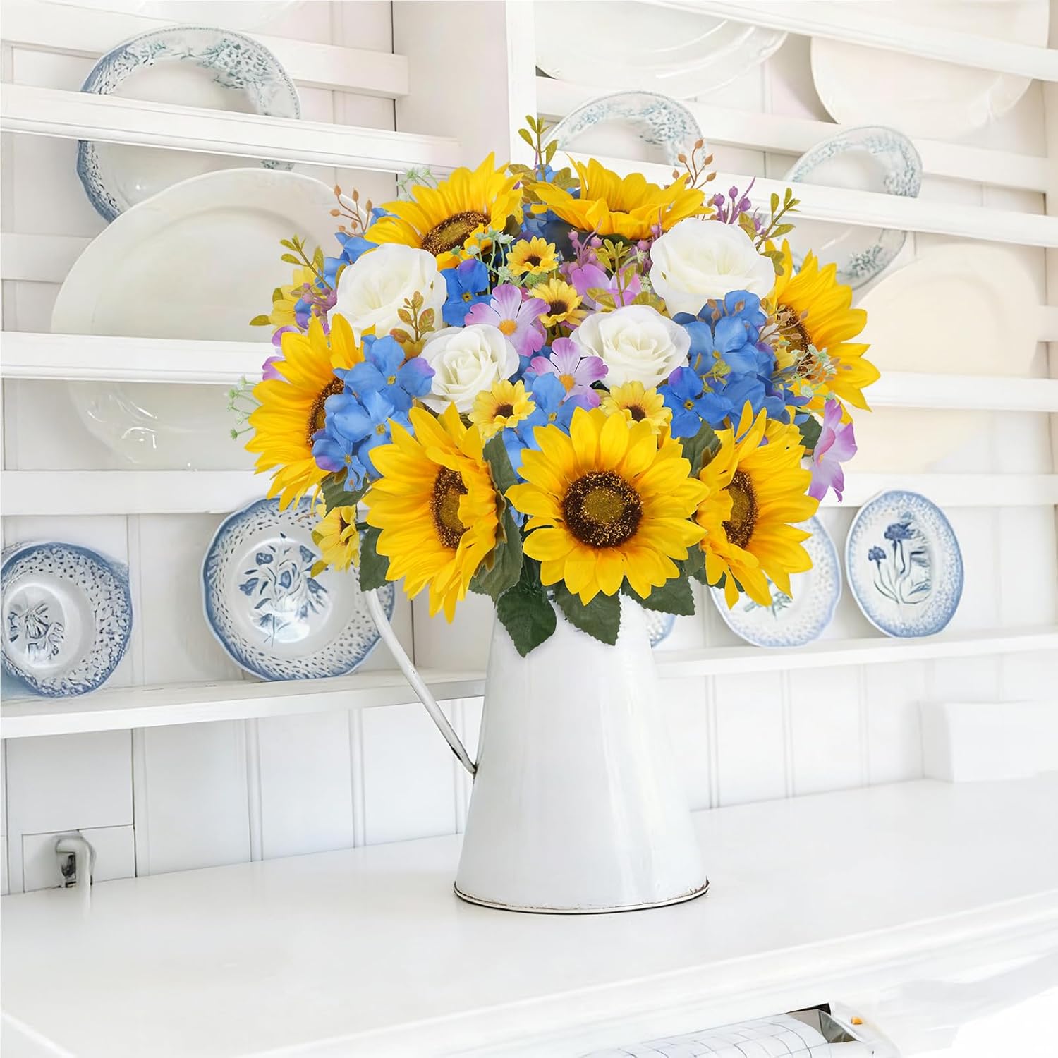 2Pcs Sunflowers Artificial Flowers Bouquets 17.7Inch Cemetery Flowers for Grave with Hydrangea Rose for Gravesites Table DIY Floral Arrangements Wedding Party Decor