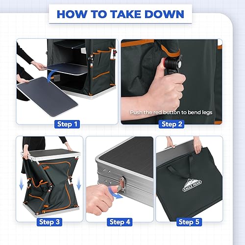 Vista 26 de EAGLE PEAK Mesa de camping plegable para exteriores con organizador grande de almacenamiento de 3 niveles y bolsillos laterales, fácil de instalar