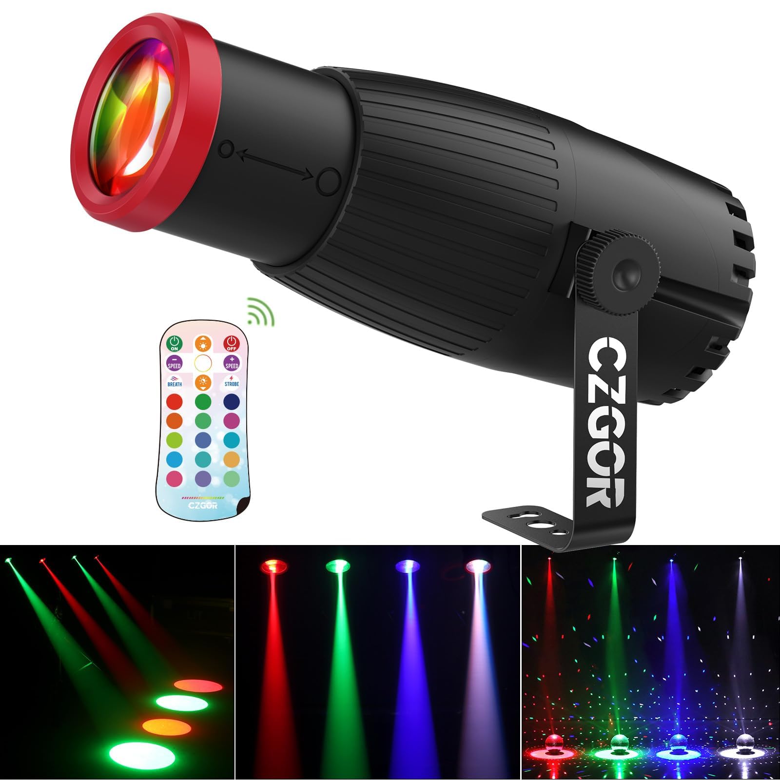 Luces Pinspot, Czgor Manual Focus Disco, 18W RGBW 4 en 1 LED Disco Ball, 16 Colores con Control Remoto, Iluminación Brillante para Bola de Espejo, DJ, Discoteca, Fiesta