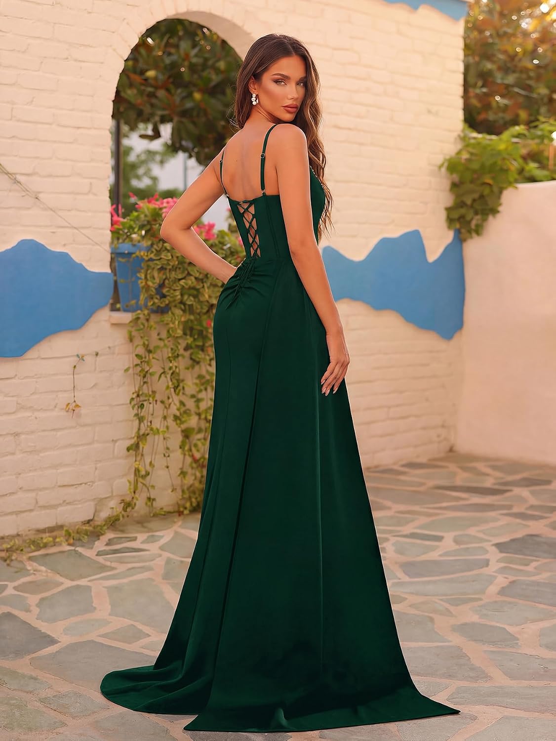Women's Spaghetti Strap Rhinestone Evening Gown, V Neck Sparkly Formal Dress for Wedding Guest Party Club Night Prom