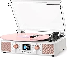 Vinyl Record Player with Built-in Speakers, Vintage 3-Speed Bluetooth Turntable with USB Playback, LCD Display, Clock, RCA/Headphone/AUX Jacks, Belt-Driven LP Player, White Rose Gold