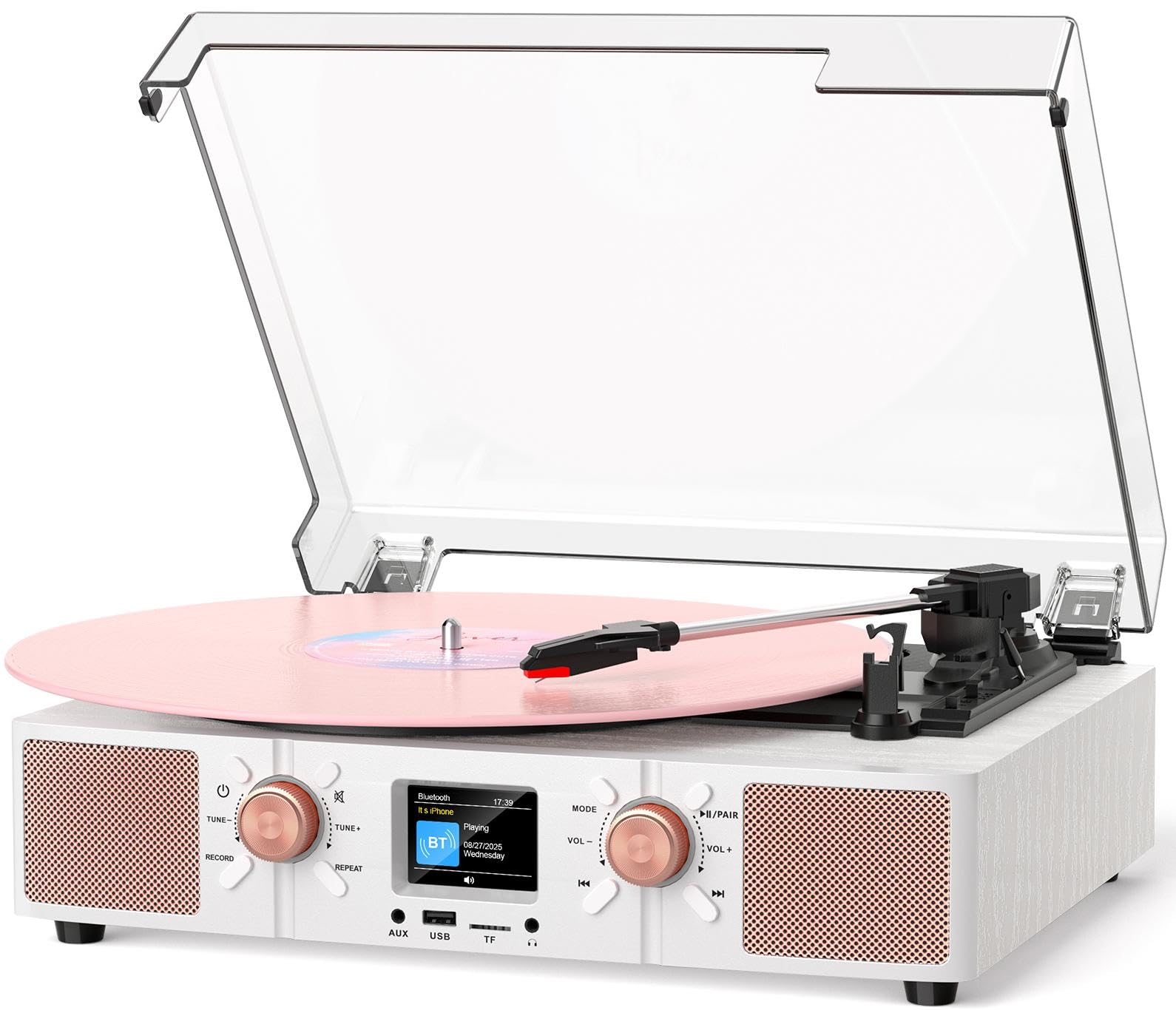 Gramofon winylowy z wbudowanymi głośnikami, 3-biegowy gramofon Bluetooth w stylu vintage, z nagrywaniem USB, wyświetlaczem LCD, zegarem, gniazdami RCA/słuchawkowymi/AUX, napędzany pasem, odtwarzacz LP