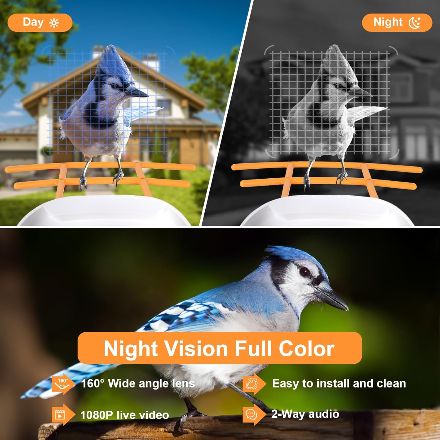 Bird Feeder with Camera,1080P HD,160° Wide Angle,AI Recognition, 1.8L Capacity 32G SD Card, Solar Powered, 50Pcs DIY Bird Stickers for Outdoor Garden