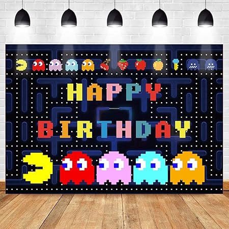Amazon パックマン背景 Happy Birthday Party Meetsioy ダークブルー迷路背景 ゲームパーティーバナー かわいいパックマン ゲームカラー背景 ベビーシャワーパーティー装飾 7x5フィート Hxmt684 Meetsioy バックペーパー 背景布