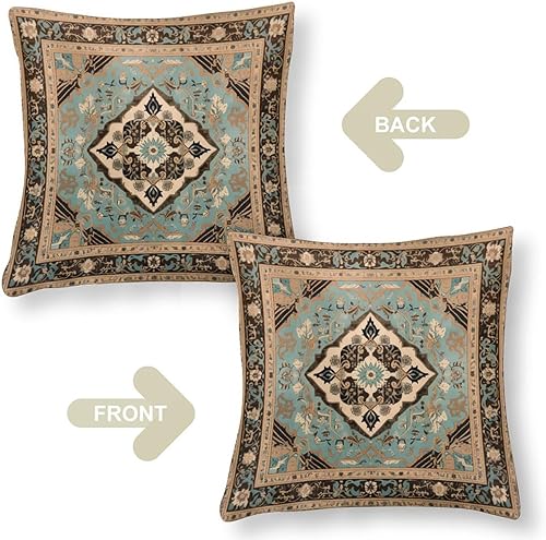 Miniatura 3 de Fundas de almohada decorativas de satén de 26 x 26 pulgadas, color marrón y beige y verde azulado, con rayas mexicanas tradicionales del suroeste,