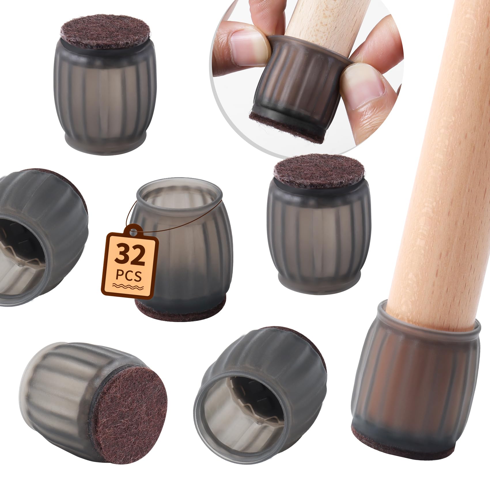 32P Chair Leg Floor Protectors 13-20mm, Φ 0.75" Black Chair Feet Cover, Round Furniture Sliders Felt Bottom Silicone Chair Leg Caps for Protecting Hardwood/Tile/Laminate Floors from Scratches Noise
