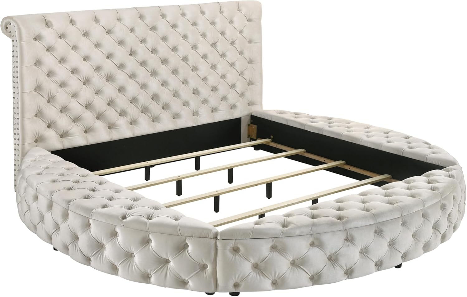 Queen Size Tufted Upholstered Headboard with Storage Round Bed, Black Footboard, Wooden Frame-Glamorous Bedroom with Hidden Storage (Ivory, Queen)