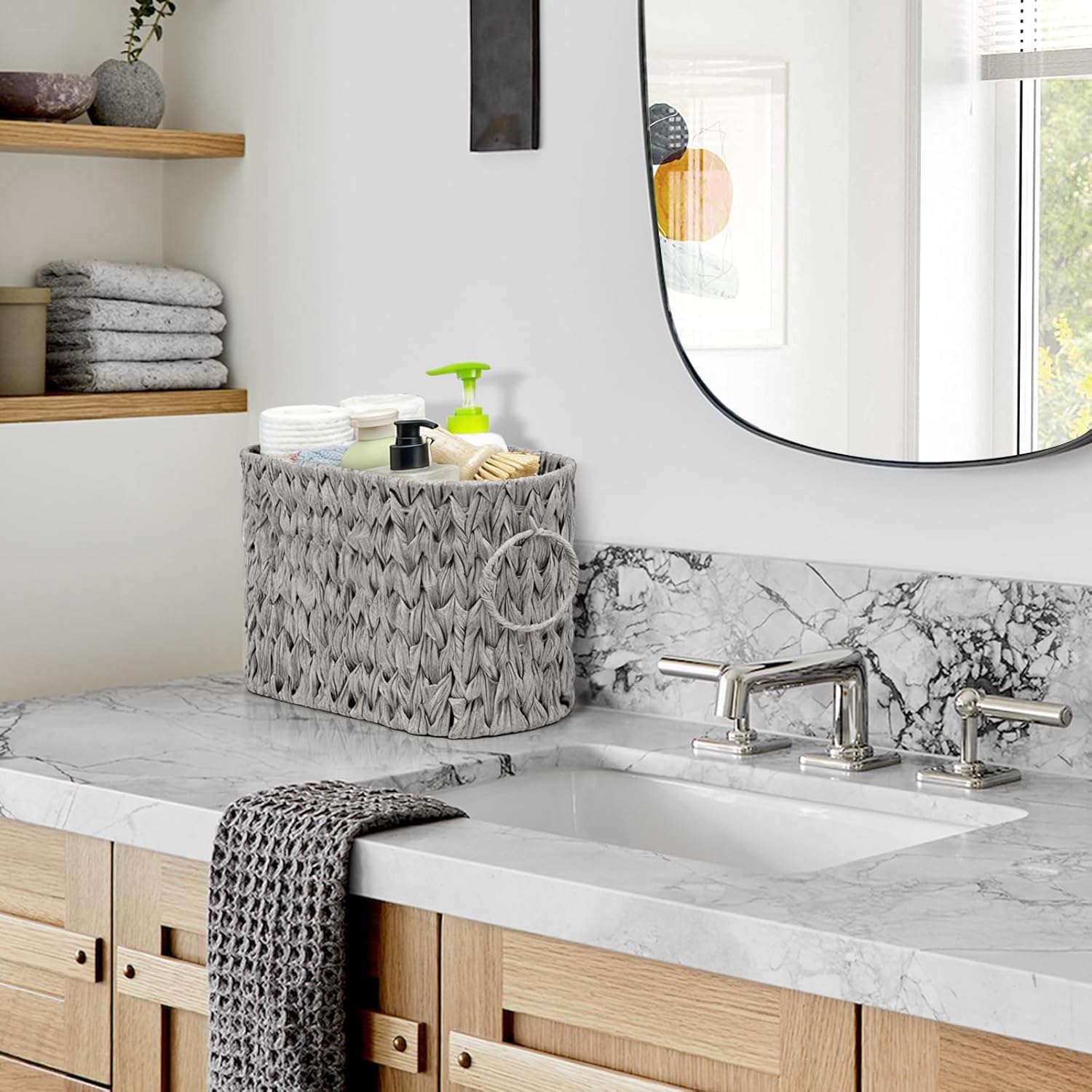 Toilet Paper Basket for Bathroom, Large Storage for 6 Mega Rolls, Free Standing Wicker-Style Toilet Paper Holder Organizer, Boho Decorative Bathroom Bin, 15.75" x 6.5" x 9.45" (Gray)