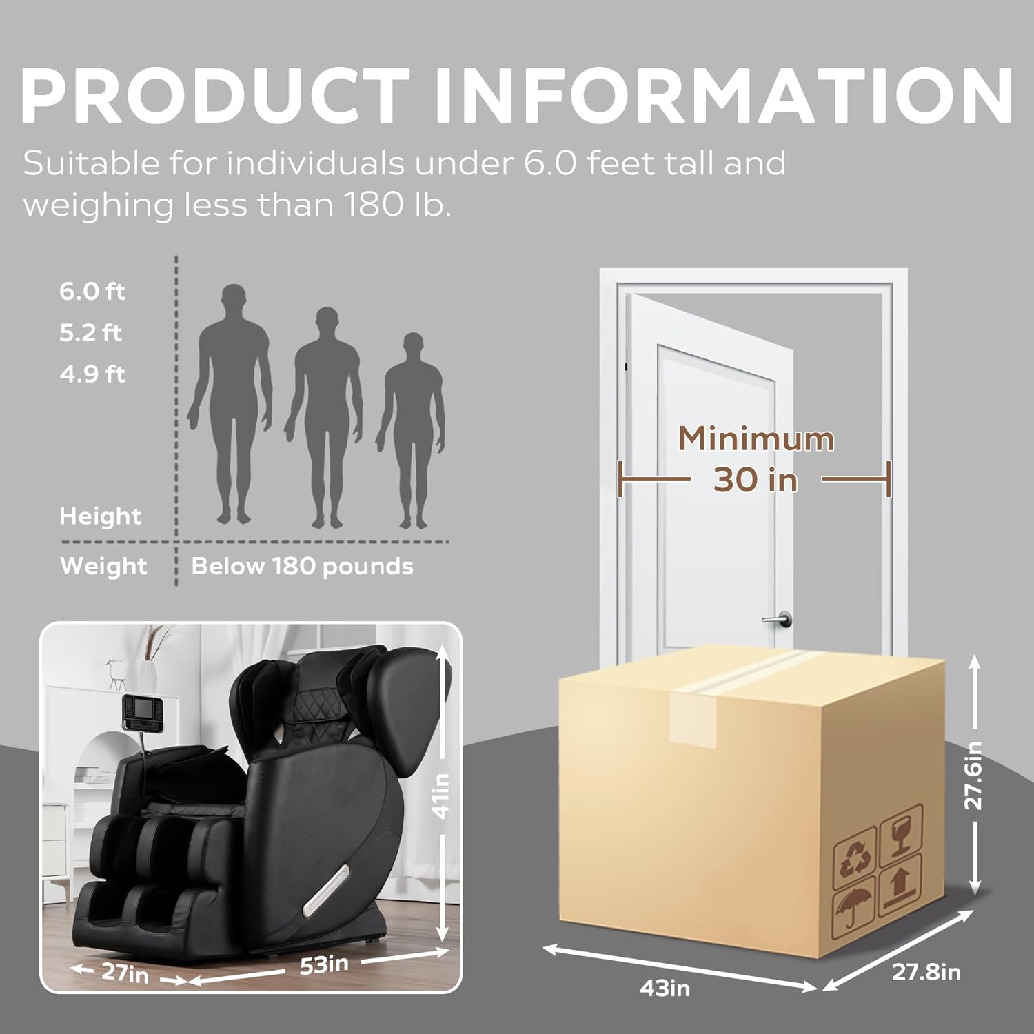 Product information graphic showing dimensions of the massage chair and packaging, along with height and weight recommendations for users.