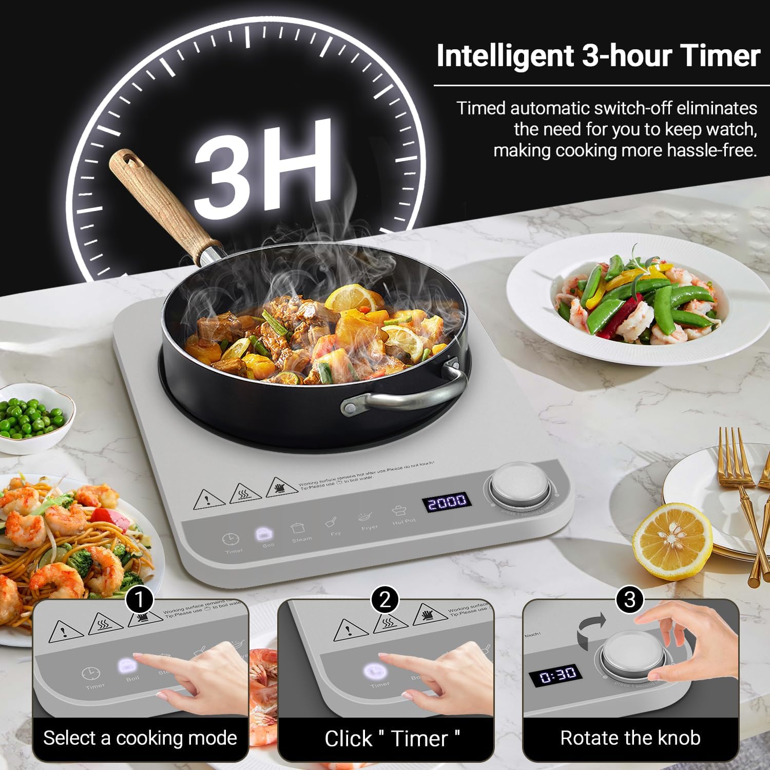 AMZCHEF Induction Cooktop demonstrating the intelligent 3-hour timer function