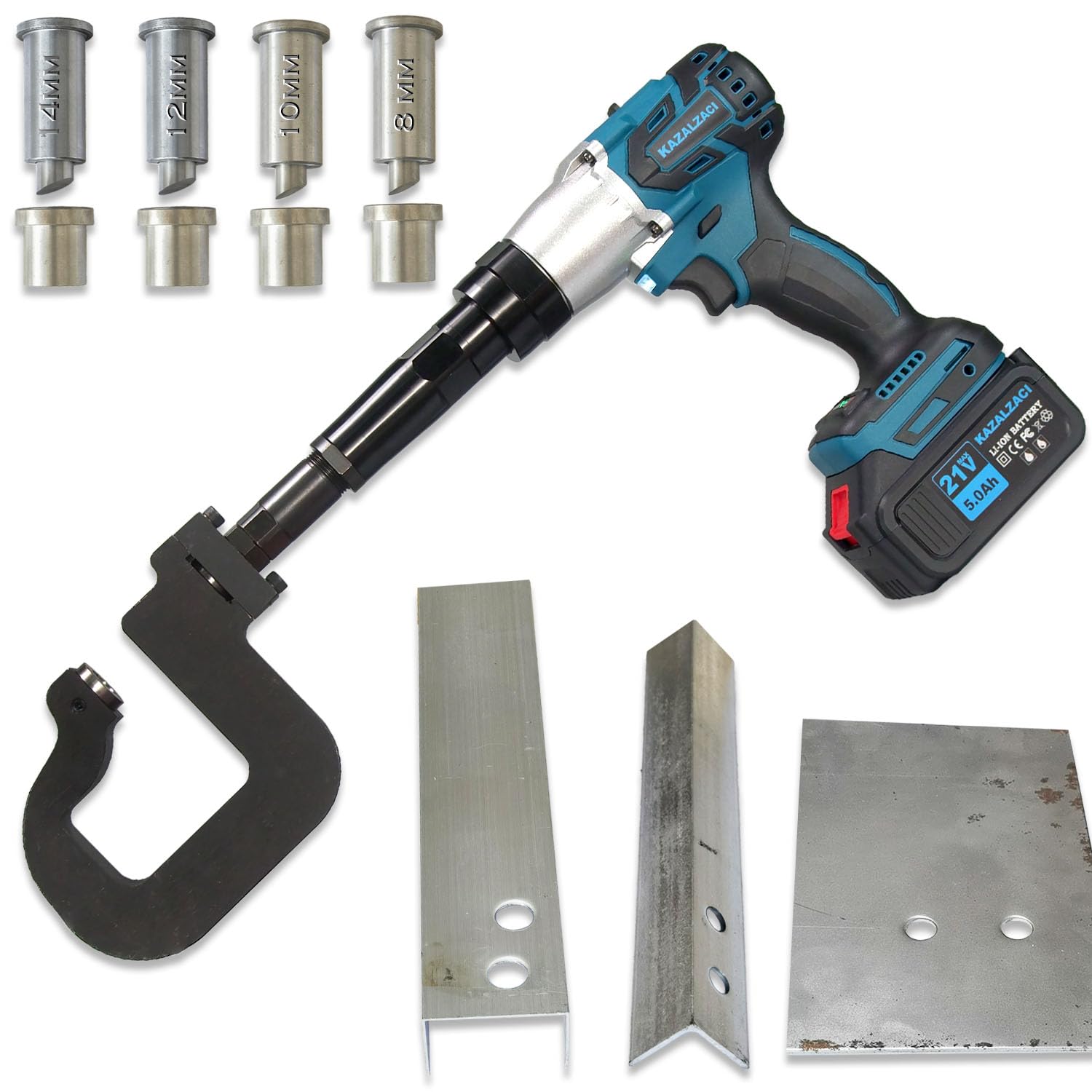 Cordless Metal Hole Puncher, Steel Punching Machine, Electric Handheld Punch Tool for 8-10-12-14MM Holes On Steel Iron Aluminum Plate, Angle & U-Channel Up to 3MM Thick, 3.2" Deep Throat, 5.0Ah Batt.