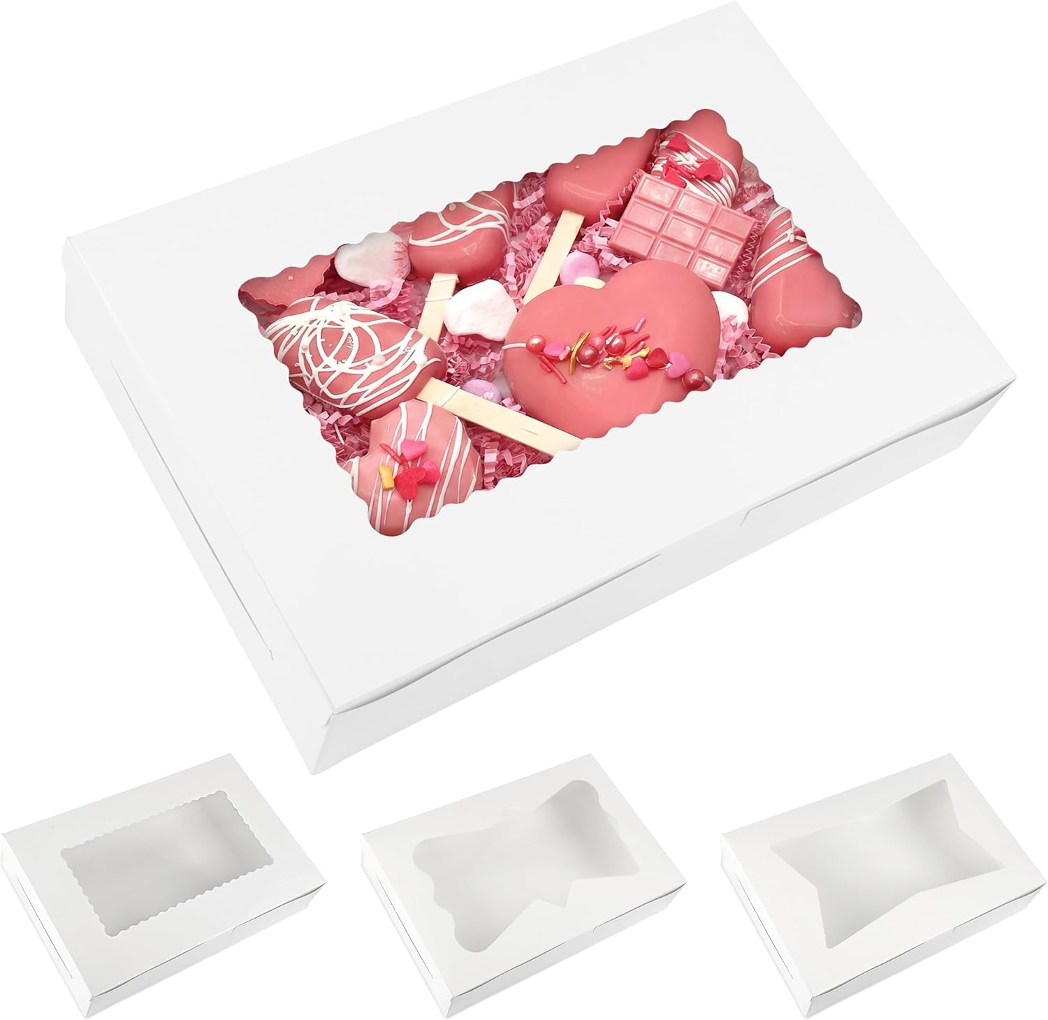 Moretoes 48pcs Bakery Boxes,12x8x2.5 Inches Cookie Boxes with 3 Style Window for Chocolate Covered Strawberries, Desserts, Cookies, with 4pcs Stickers, for Mother's Day Gifting