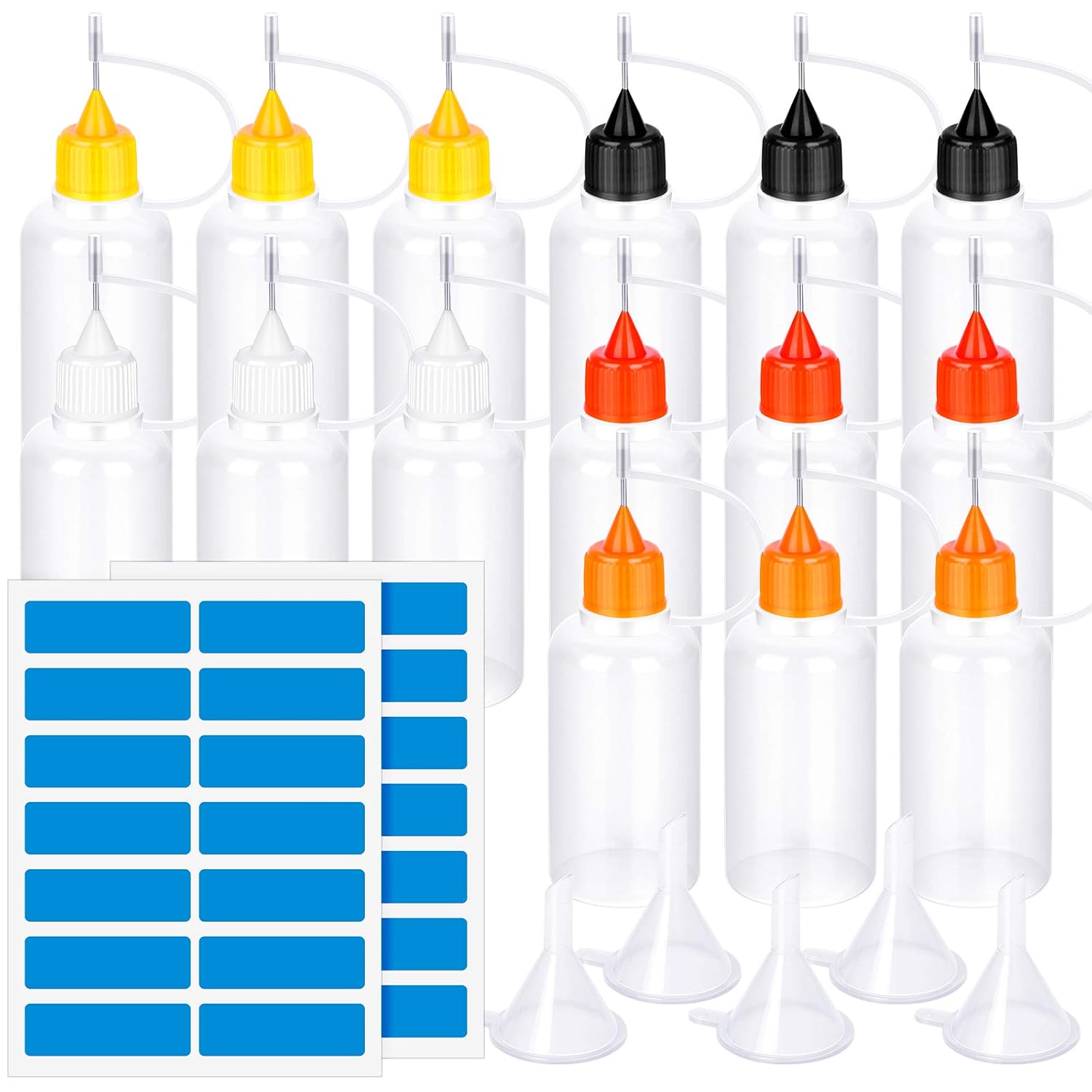 15 PCS Precision Tip Applicator Bottle, FANDAMEI Glue Applicator Bottles with 5PCS Mini Funnel&28PCS Sticker. 30ml/1 Ounce Metal Needle Tip Bottle for Alcohol Ink DIY Quilling Craft Acrylic Painting